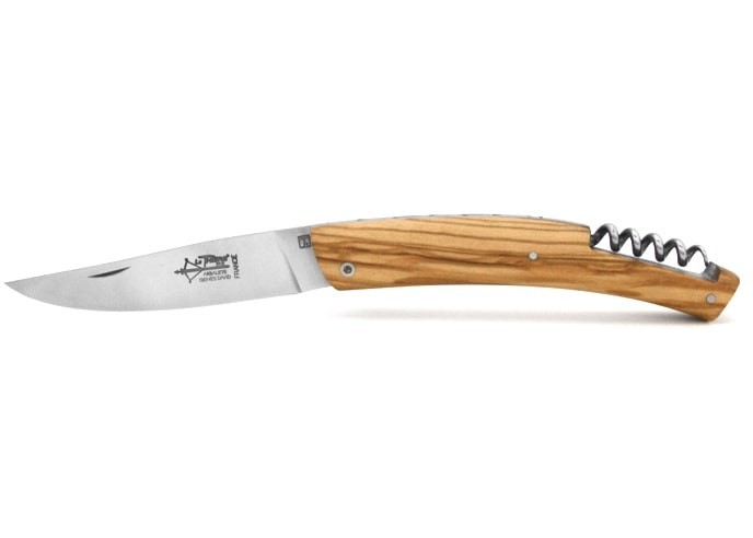 Le Thiers ® pliant, guilloché main avec tire-bouchon, manche en bois d'olivier de 12 cm, finition mat