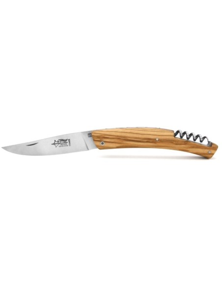 Le Thiers ® folding knife, guilloché with corkscrew, 12 cm olive wood handle, matt finish