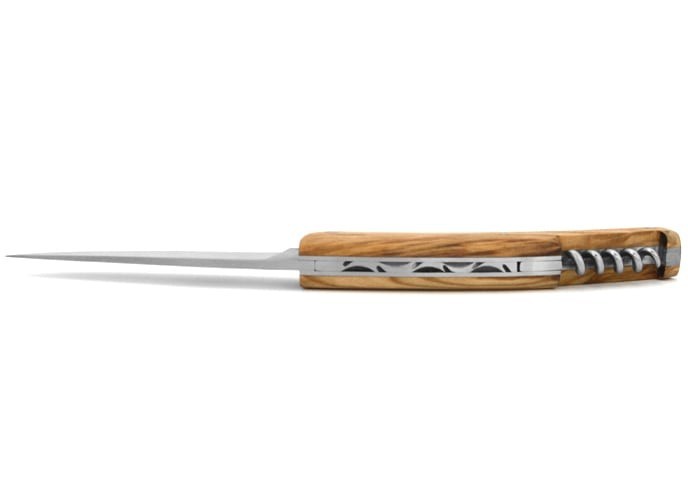 Le Thiers ® pliant, guilloché main avec tire-bouchon, manche en bois d'olivier de 12 cm, finition mat