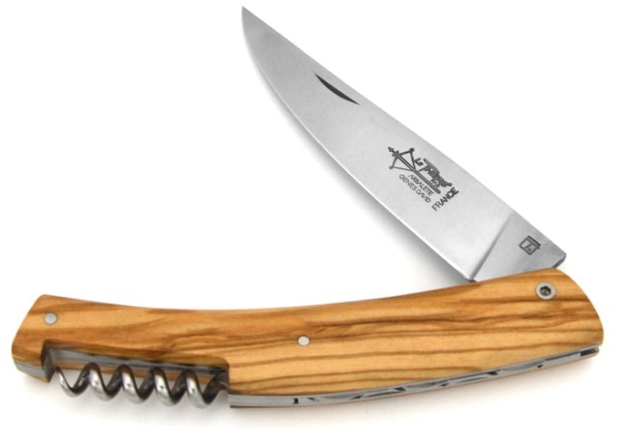 Le Thiers ® folding knife, guilloché with corkscrew, 12 cm olive wood handle, matt finish