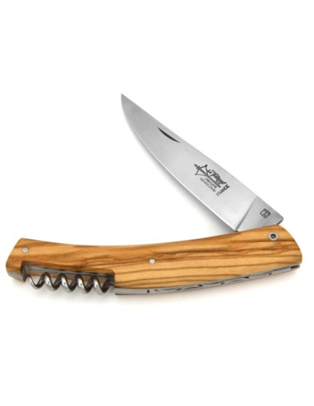 Le Thiers ® folding knife, guilloché with corkscrew, 12 cm olive wood handle, matt finish