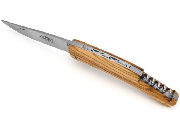 Le Thiers ® folding knife, guilloché with corkscrew, 12 cm olive wood handle, matt finish