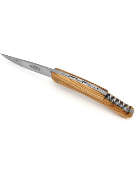 Le Thiers ® pliant, guilloché main avec tire-bouchon, manche en bois d'olivier de 12 cm, finition mat