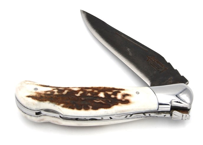 Laguiole folding knife Grande Nature Prestige, 12c27 old finish style blade, 12 cm deer antlers handle, shiny finish