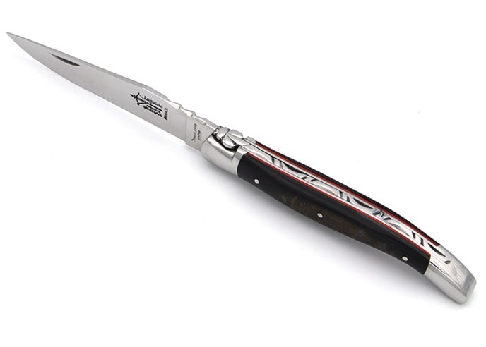 Laguiole pliant forgé, manche en buffle avec croûte & intercalaires rouges de 12 cm, finition brillant