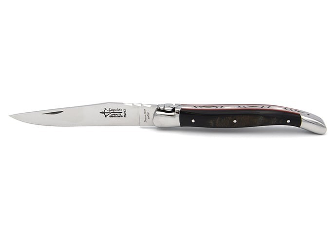 Forged folding knife, 12 cm buffalo with crust and red vulcanized fiber handle, shiny finish
