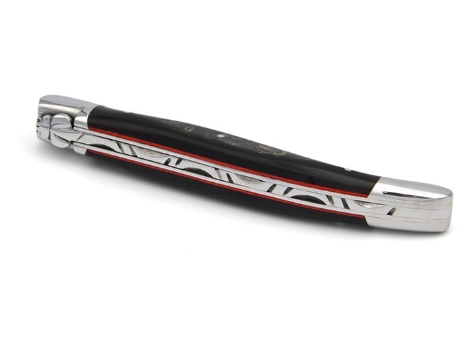 Laguiole pliant forgé, manche en buffle avec croûte & intercalaires rouges de 12 cm, finition brillant