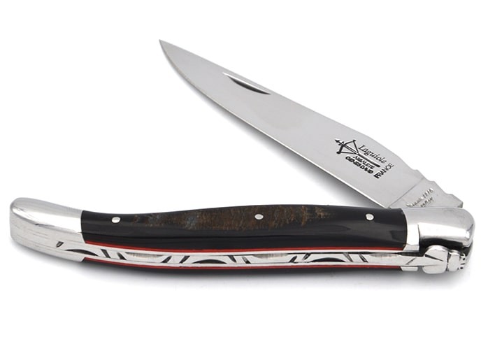 Forged folding knife, 12 cm buffalo with crust and red vulcanized fiber handle, shiny finish