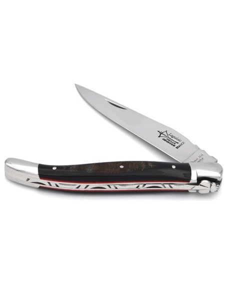 Laguiole pliant forgé, manche en buffle avec croûte & intercalaires rouges de 12 cm, finition brillant