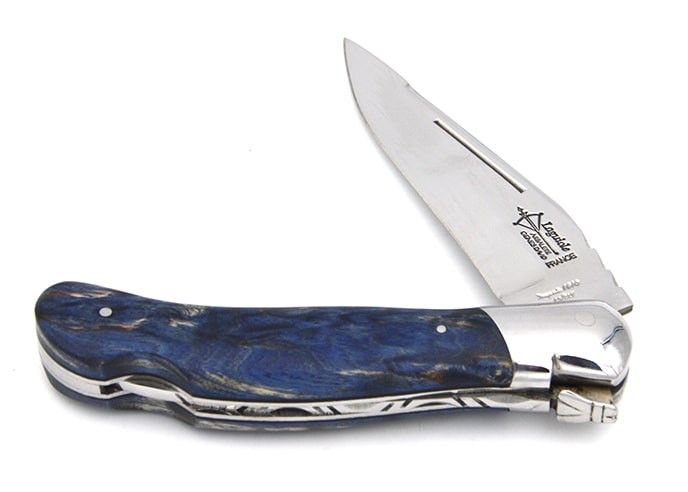 Laguiole folding knife Grande Nature Prestige, 12 cm blue stabilised birchwood handle, shiny finish