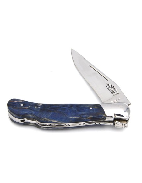 Laguiole folding knife Grande Nature Prestige, 12 cm blue stabilised birchwood handle, shiny finish