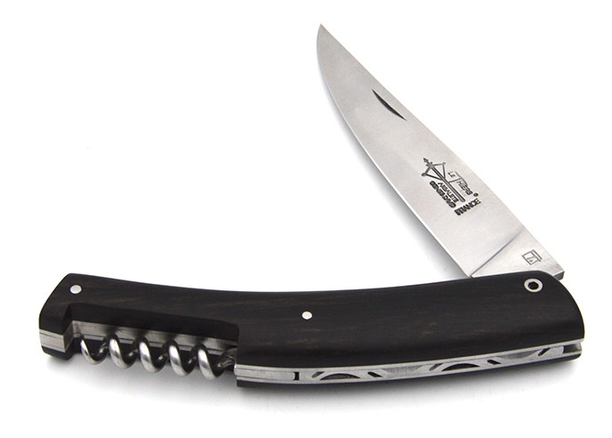 Le Thiers ® folding knife, guilloché with corkscrew, 12 cm ebony wood handle, matt finish