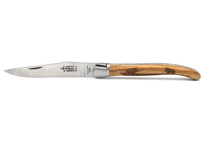 Laguiole Prestige folding knife, 12 cm olive wood handle with boar motif, matt finish