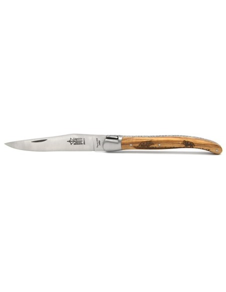 Laguiole pliant Prestige, manche en olivier gravé motif sanglier de 12 cm, finition mat
