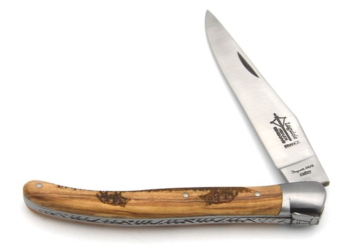 Laguiole Prestige folding knife, 12 cm olive wood handle with boar motif, matt finish