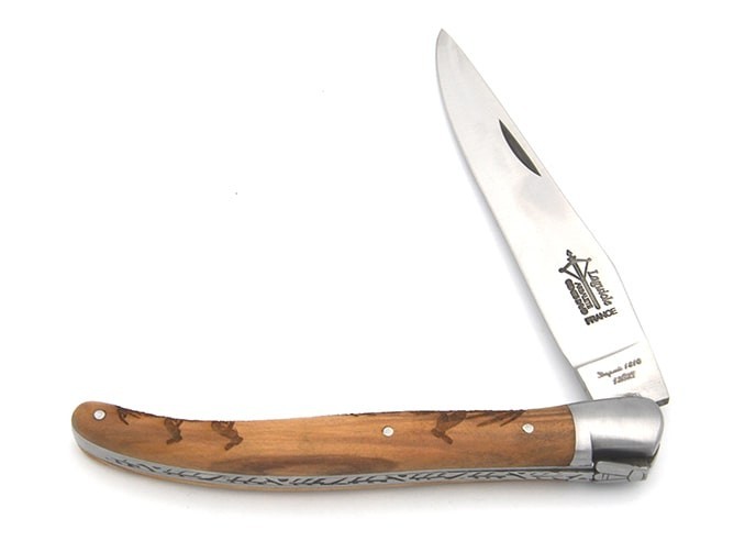 Laguiole Prestige folding knife, 12 cm olive wood handle with hare motif, matt finish