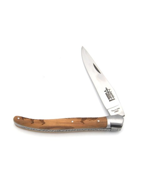 Laguiole Prestige folding knife, 12 cm olive wood handle with hare motif, matt finish