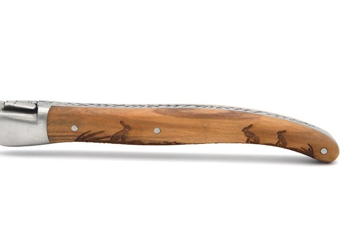 Laguiole Prestige folding knife, 12 cm olive wood handle with hare motif, matt finish