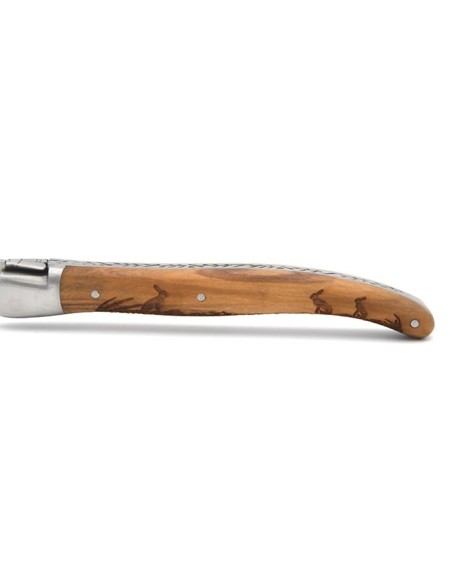 Laguiole Prestige folding knife, 12 cm olive wood handle with hare motif, matt finish