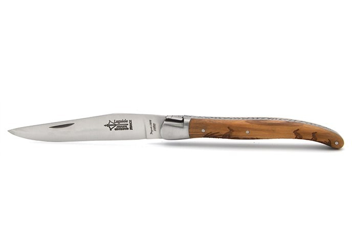 Laguiole Prestige folding knife, 12 cm olive wood handle with hare motif, matt finish
