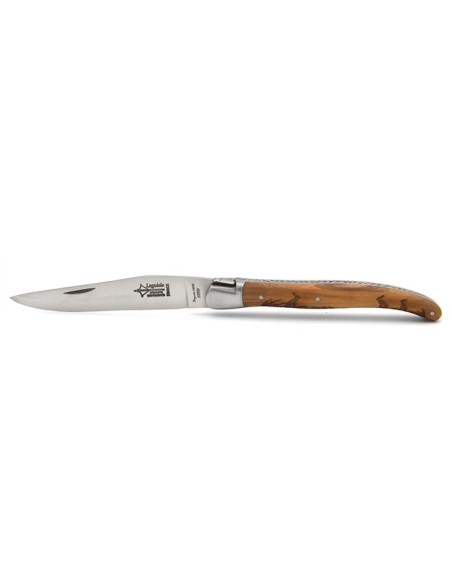 Laguiole Prestige folding knife, 12 cm olive wood handle with hare motif, matt finish