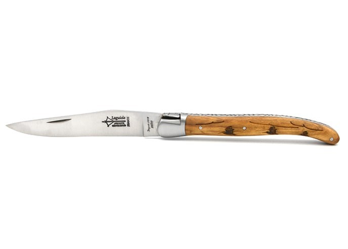 Laguiole Prestige folding knife, 12 cm olive wood handle with woodcock motif, matt finish
