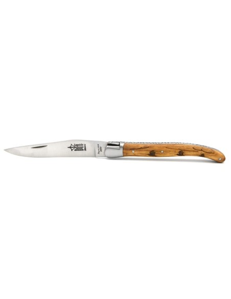 Laguiole Prestige folding knife, 12 cm olive wood handle with woodcock motif, matt finish