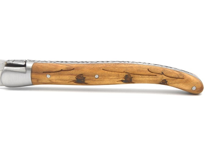 Laguiole Prestige folding knife, 12 cm olive wood handle with woodcock motif, matt finish