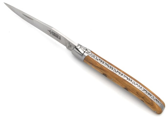 Laguiole Prestige folding knife, 12 cm olive wood handle with woodcock motif, matt finish