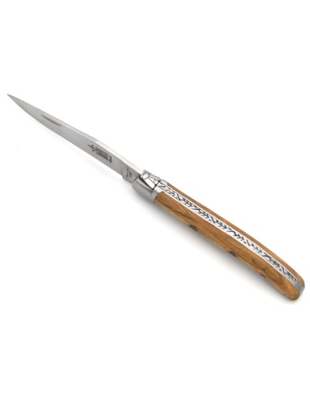 Laguiole Prestige folding knife, 12 cm olive wood handle with woodcock motif, matt finish