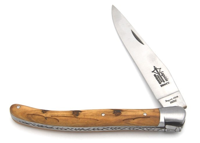 Laguiole Prestige folding knife, 12 cm olive wood handle with woodcock motif, matt finish