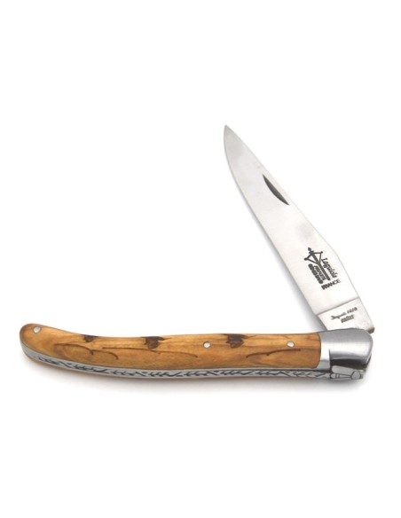 Laguiole pliant Prestige, manche en olivier gravé motif bécasse de 12 cm, finition mat