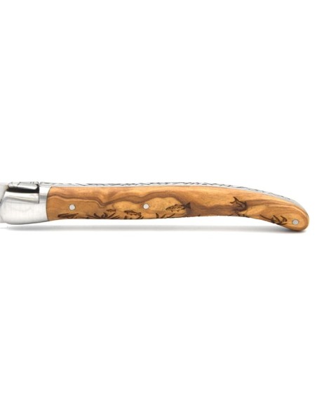 Laguiole Prestige folding knife, 12 cm olive wood handle with fish motif, matt finish