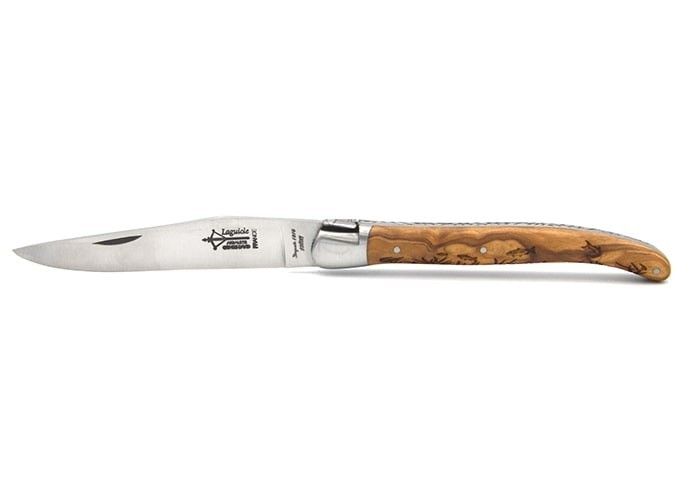 Laguiole Prestige folding knife, 12 cm olive wood handle with fish motif, matt finish