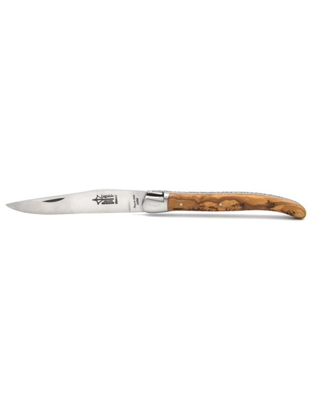 Laguiole Prestige folding knife, 12 cm olive wood handle with fish motif, matt finish
