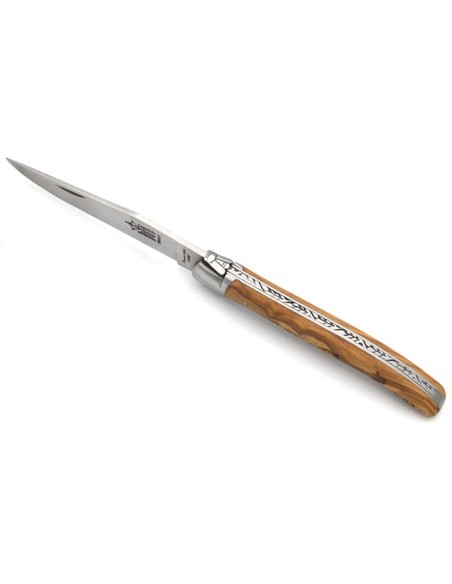 Laguiole pliant Prestige, manche en olivier gravé motif poissons de 12 cm, finition mat