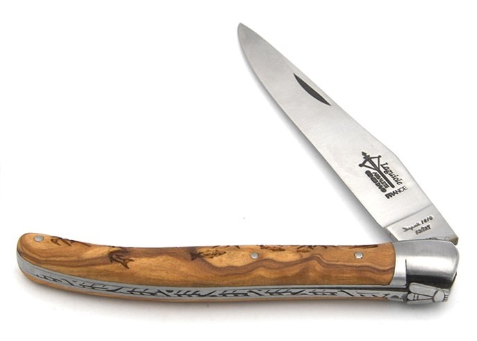 Laguiole Prestige folding knife, 12 cm olive wood handle with fish motif, matt finish