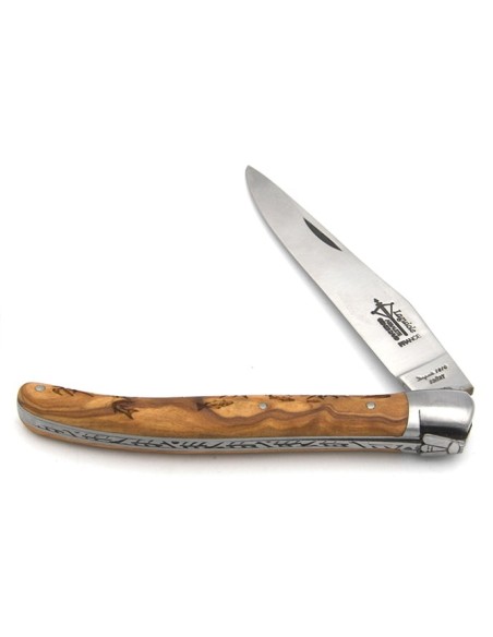 Laguiole Prestige folding knife, 12 cm olive wood handle with fish motif, matt finish