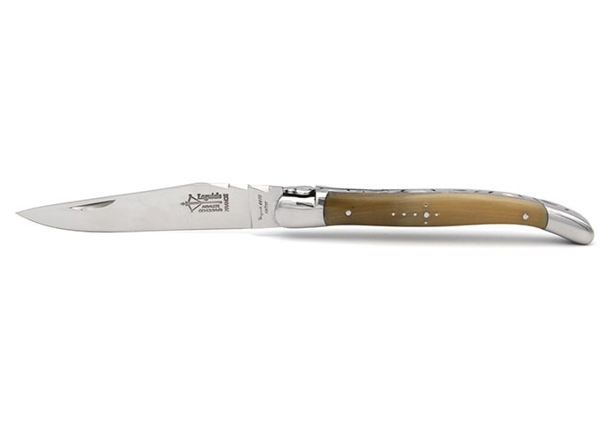 Laguiole Forged folding knife, 12 cm blond horn tip handle with shiny finish