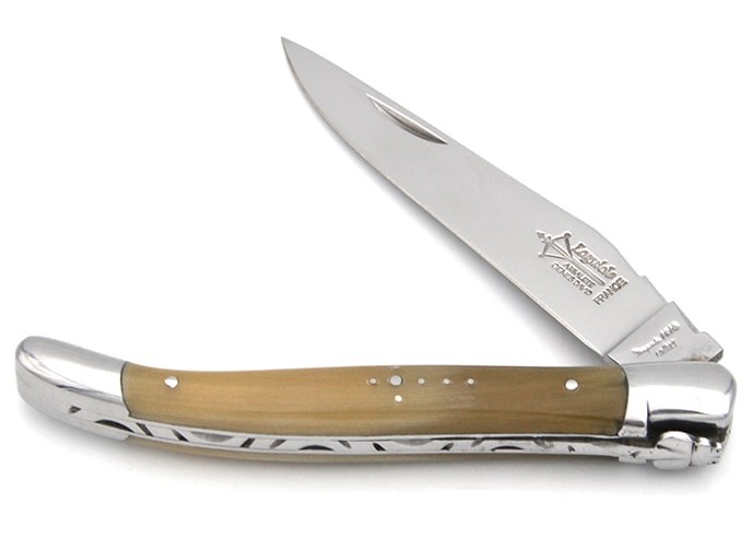 Laguiole Forged folding knife, 12 cm blond horn tip handle with shiny finish