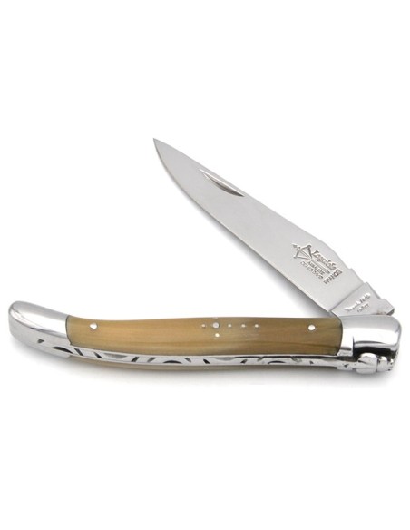 Laguiole pliant Forgé, manche en pointe de corne blonde de 12 cm, finition brillant