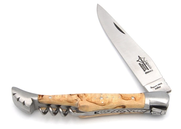 Laguiole folding knife Prestige, blade & corkscrew, birch wood handle, matt finish