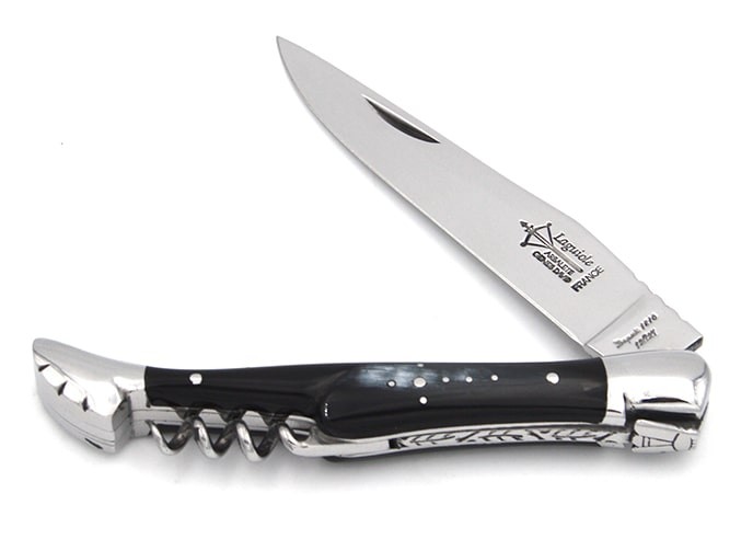 Laguiole folding knife Prestige, blade & corkscrew, 12 cm zebu's horn handle, shiny finish