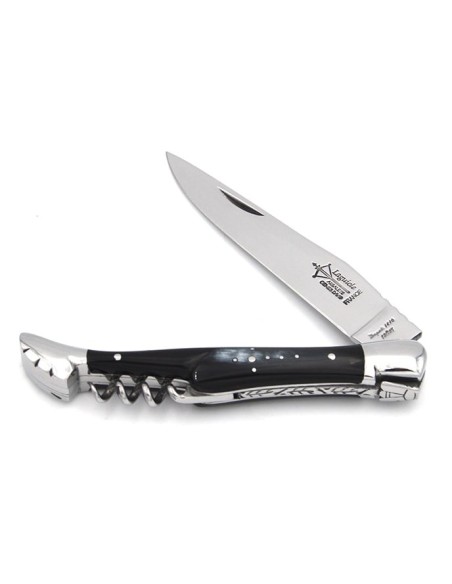 Laguiole folding knife Prestige, blade & corkscrew, 12 cm zebu's horn handle, shiny finish