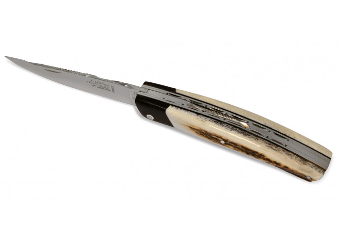 Le Thiers ® Prestige folding knife, false bolster in ebony wood, 12 cm deer antler handle, shiny finish