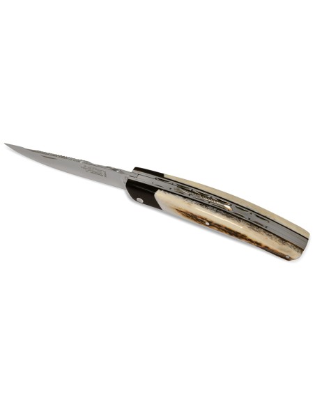 Le Thiers ® Prestige folding knife, false bolster in ebony wood, 12 cm deer antler handle, shiny finish