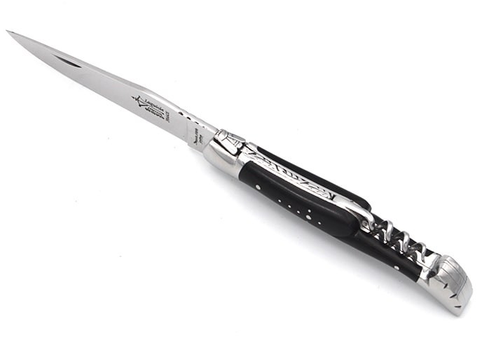 Laguiole pliant Prestige, lame & tire-bouchon, manche en ébène 12 cm, finition brillant
