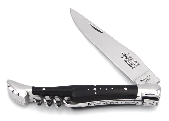 Laguiole pliant Prestige, lame & tire-bouchon, manche en ébène 12 cm, finition brillant