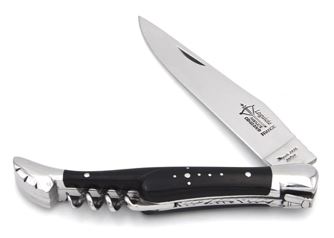 Laguiole Prestige folding knife, blade & corkscrew, 12 cm ebony wood handle, shiny finish