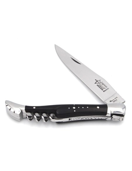 Laguiole Prestige folding knife, blade & corkscrew, 12 cm ebony wood handle, shiny finish
